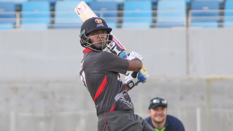 Amjad Javed gets off the mark pulling a six over midwicket