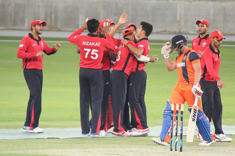 File photo - Aizaz Khan celebrates after dismissing Roelof van der Merwe