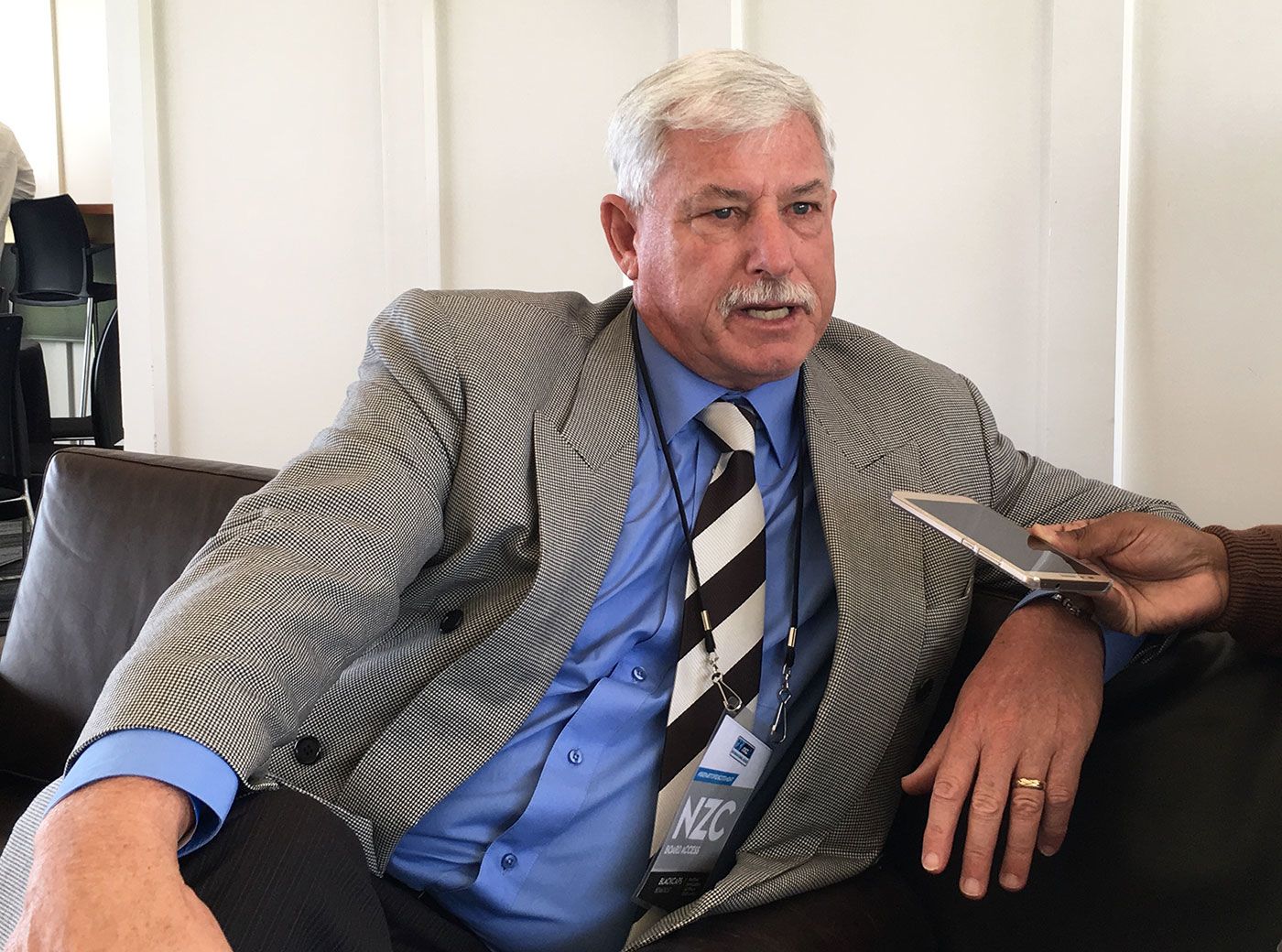 Richard Hadlee talks to journalists at Hagley Oval