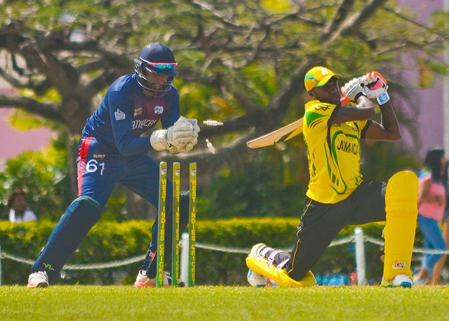 Jermaine Blackwood was stumped for 9 by Hamza Tariq