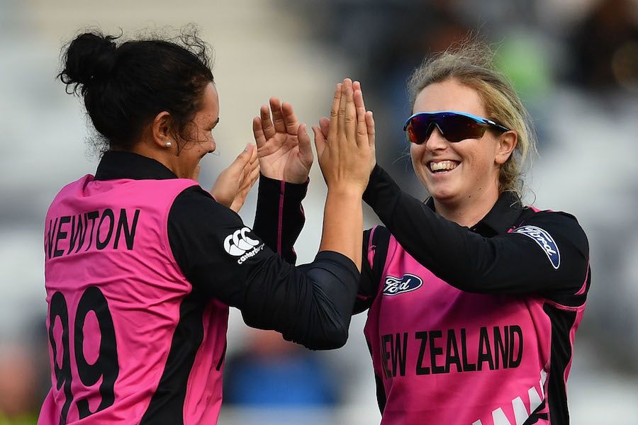 Anna Peterson is congratulated after one of her three wickets