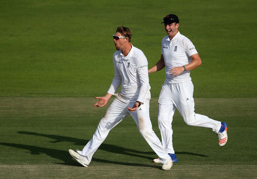 Ollie Rayner celebrates a wicket for England Lions