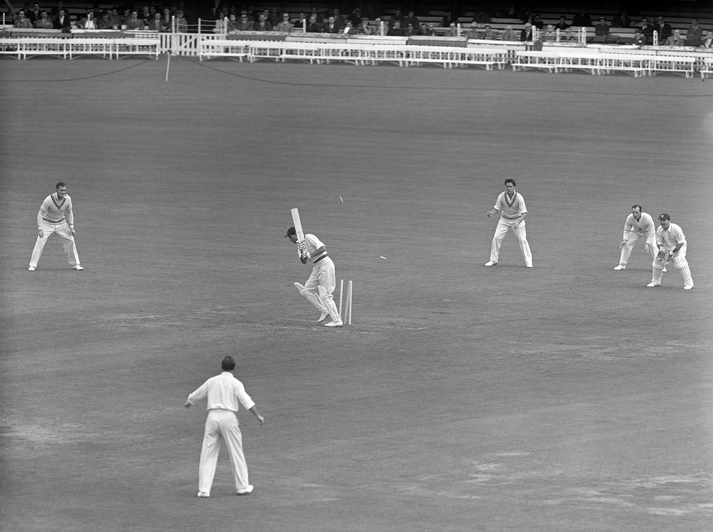 Khan Mohammad is bowled by Brian Statham for a duck