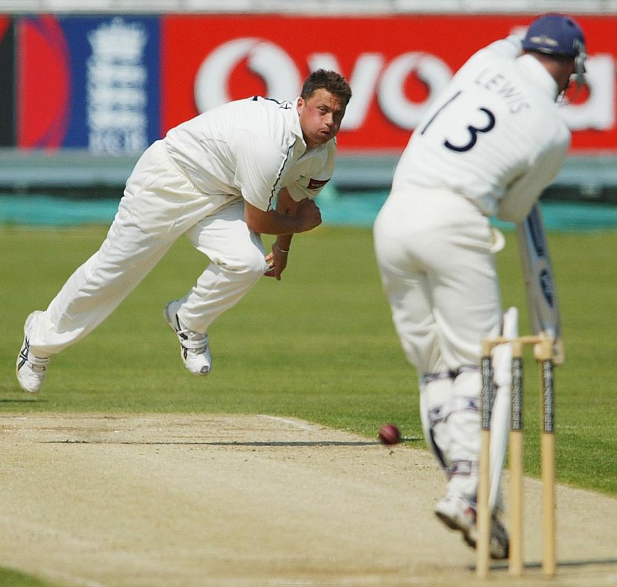 Darren Gough delivers to Jon Lewis