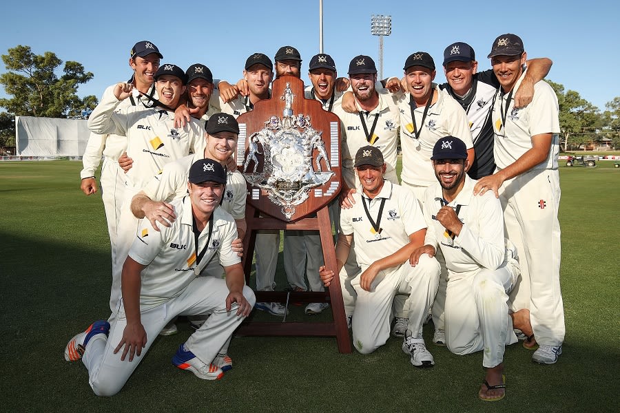 Victoria celebrate their third successive Sheffield Shield title