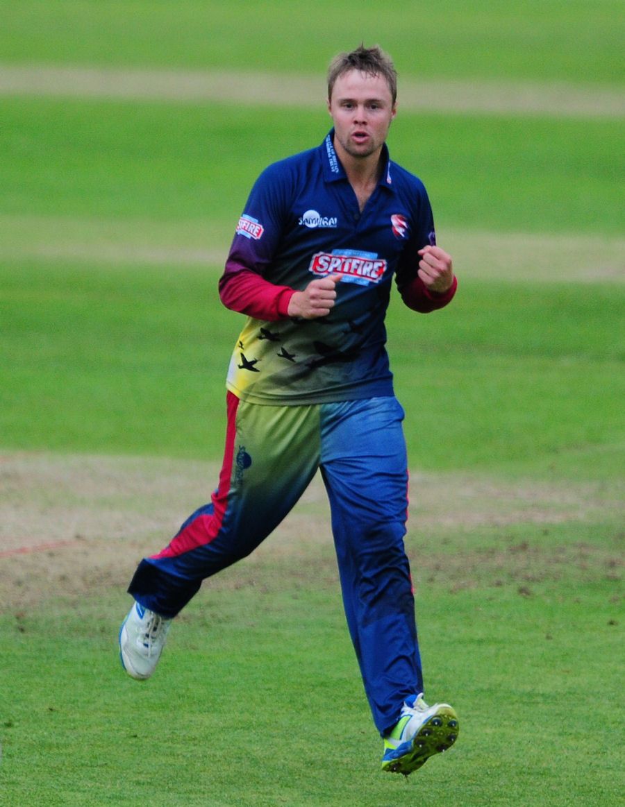 Fabian Cowdrey celebrates a NatWest Blast wicket for Kent,