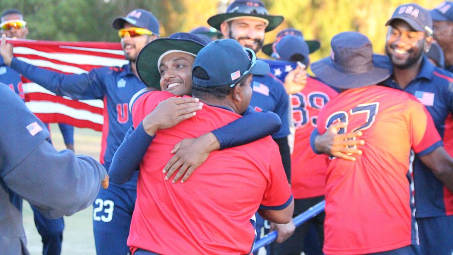 Timil Patel hugs coach Pubudu Dassanayake after USA win