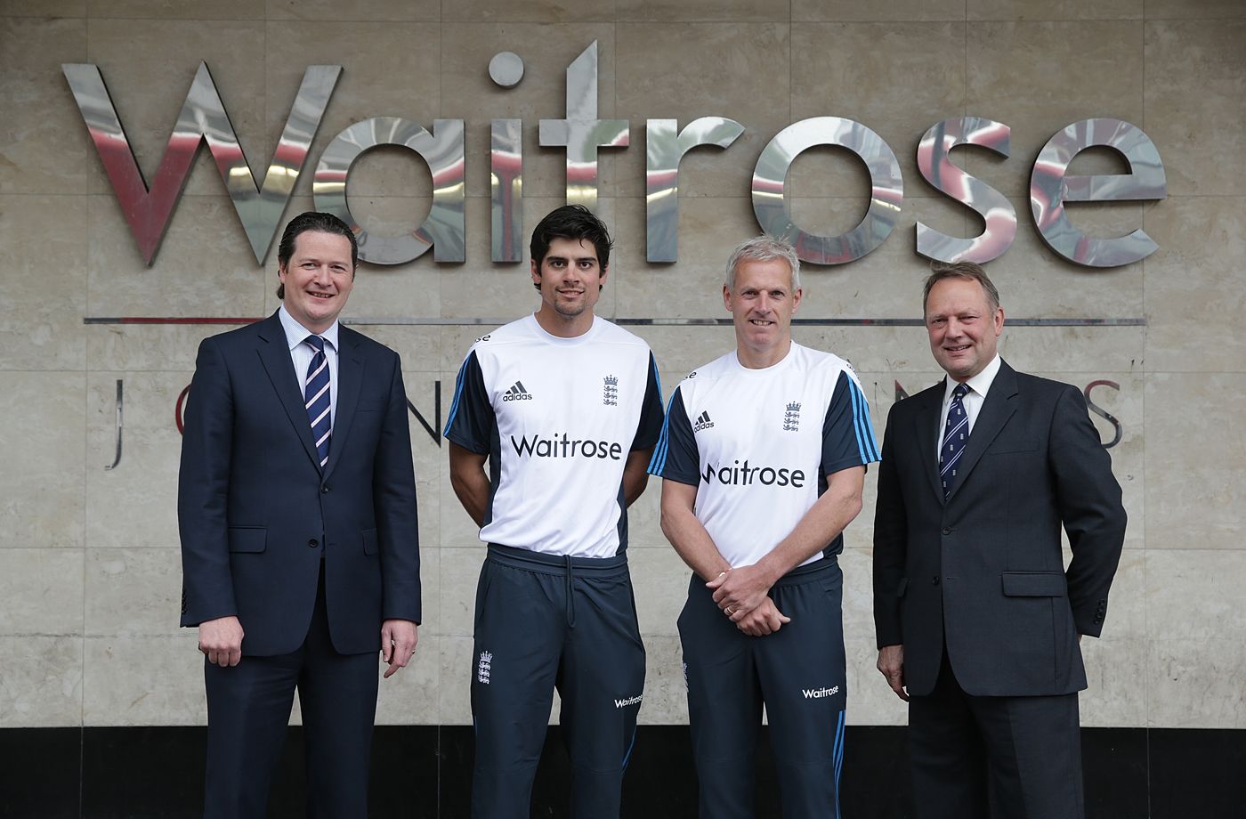 Alastair Cook, Peter Moores and Paul Downton pose with Rupert Ellwood of Waitrose during the official sponsorship launch