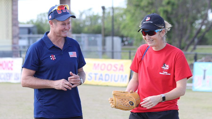 USA fielding coach Trevor Penney and former England women's captain Charlotte Edwards share a light moment in Texas