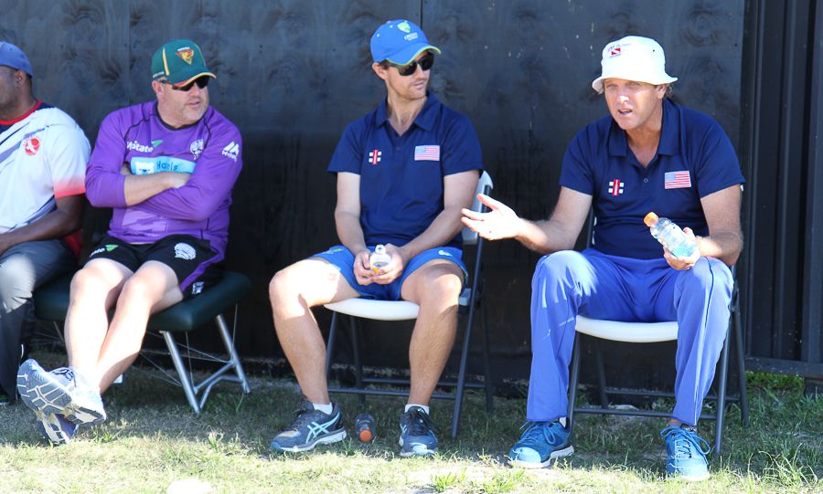 Peter Anderson (right), watches a USA trial match with Beau Casson (center) and Richard Allanby (left)