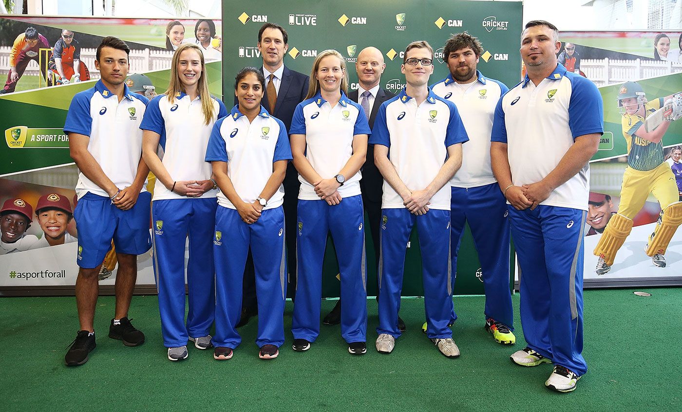 James Sutherland, Cricket Australia's CEO, and Ian Narev, CEO of Commonwealth Bank, pose with Ellyse Perry, Meg Lanning and Lisa Sthalekar and the captains of Australia's three National Disability teams, Gavan Hicks (ID), Lindsay Heaven (Blind) and Kym Daley (Deaf)