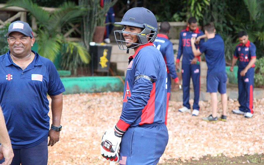 Sagar Patel has a laugh before going out to bat on debut