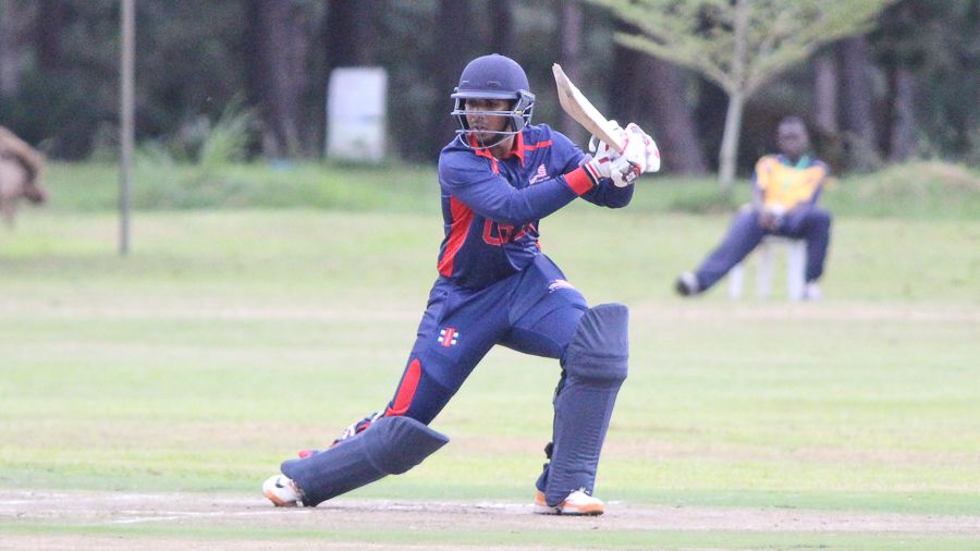 Sagar Patel hits a boundary through point for his first runs in international cricket