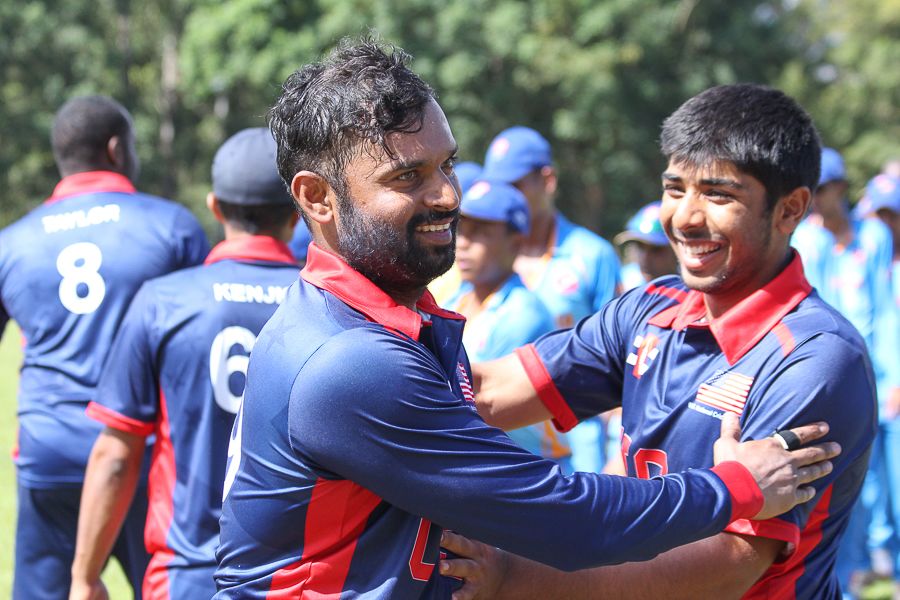 Ibrahim Khaleel gets congratulated by his room-mate Sagar Patel after finishing 49 not out