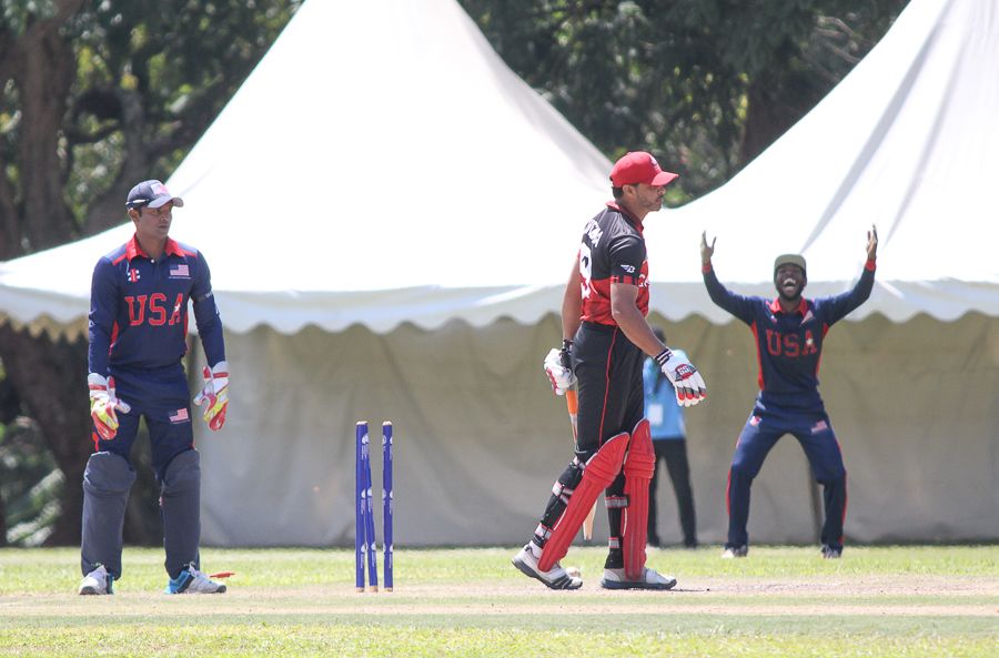 Rizwan Cheema is bowled for a second-ball duck