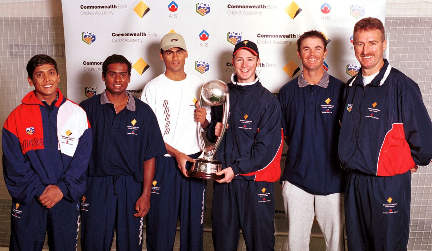 Indian recipients of the Border-Gavaskar scholarships - SS Das, Sridharan Sriram and Mohammad Kaif - pose with Michael Clarke, Greg Blewett and Wayne Phillips