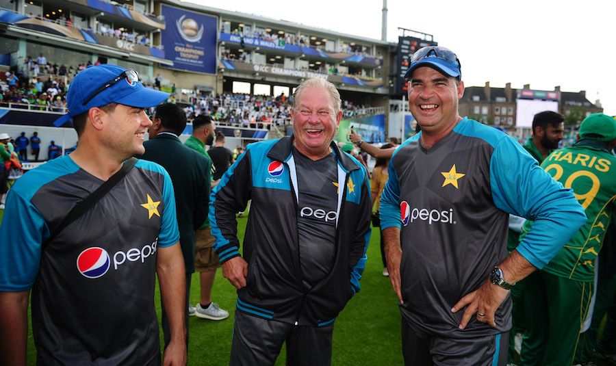 Pakistan's coaching staff - Shane Hayes, Steve Rixon and Mickey Arthur - enjoy the moment