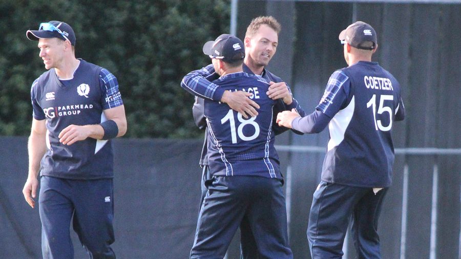 Con de Lange gets swarmed after dismissing Malcolm Waller for his maiden ODI five-for