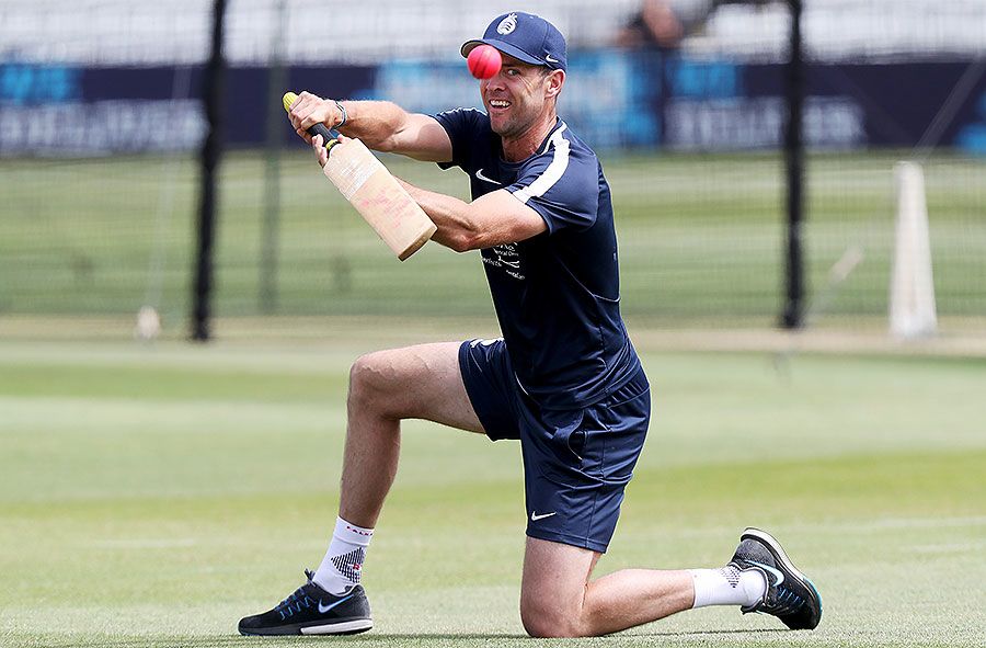 James Franklin keeps a close eye on the pink ball during Middlesex's warm-up