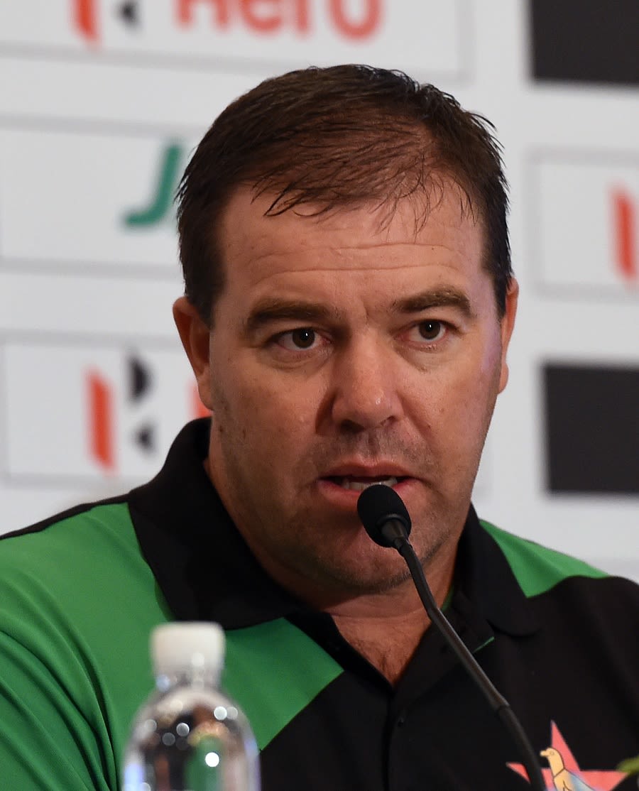 Zimbabwe coach Heath Streak addresses a press conference