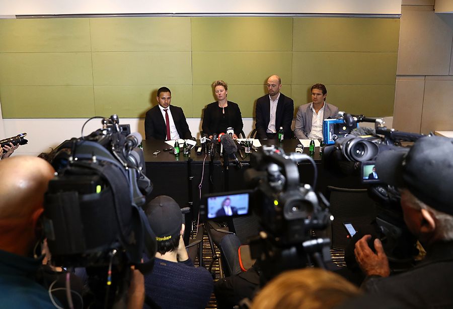 Usman Khawaja, Clea Smith, Alistair Nicholson and Shane Watson attend a press briefing