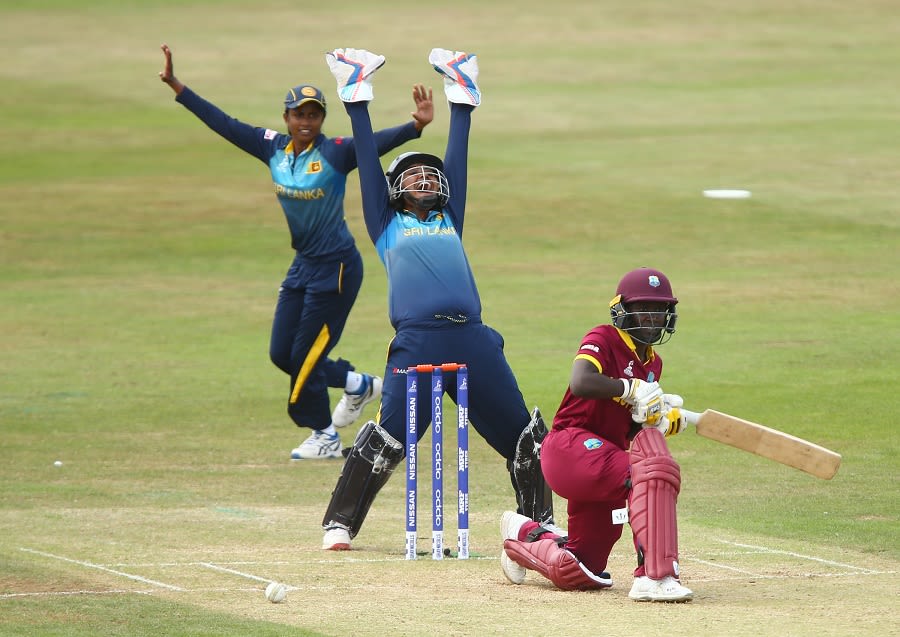 Nipuni Hansika and Prasadani Weerakkodi appeal for the wicket of Kycia Knight