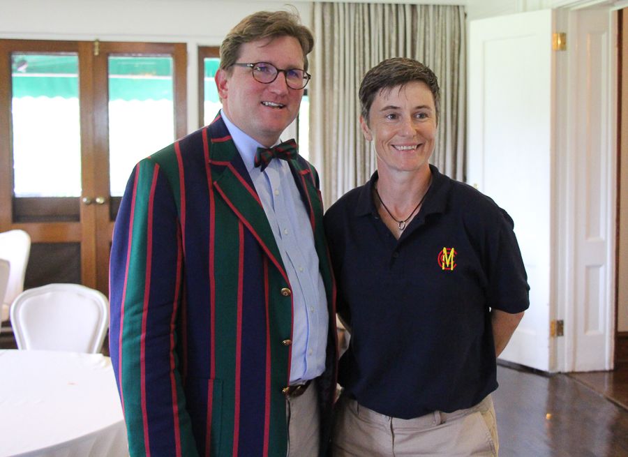 Merion CC's Craig Martin with Marylebone CC captain Claire Taylor