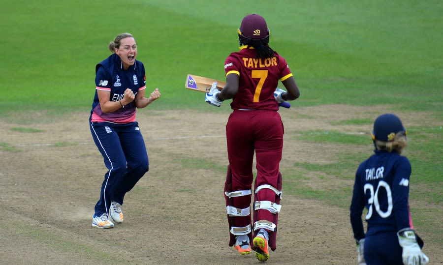 Laura Marsh celebrates the wicket of Stafanie Taylor