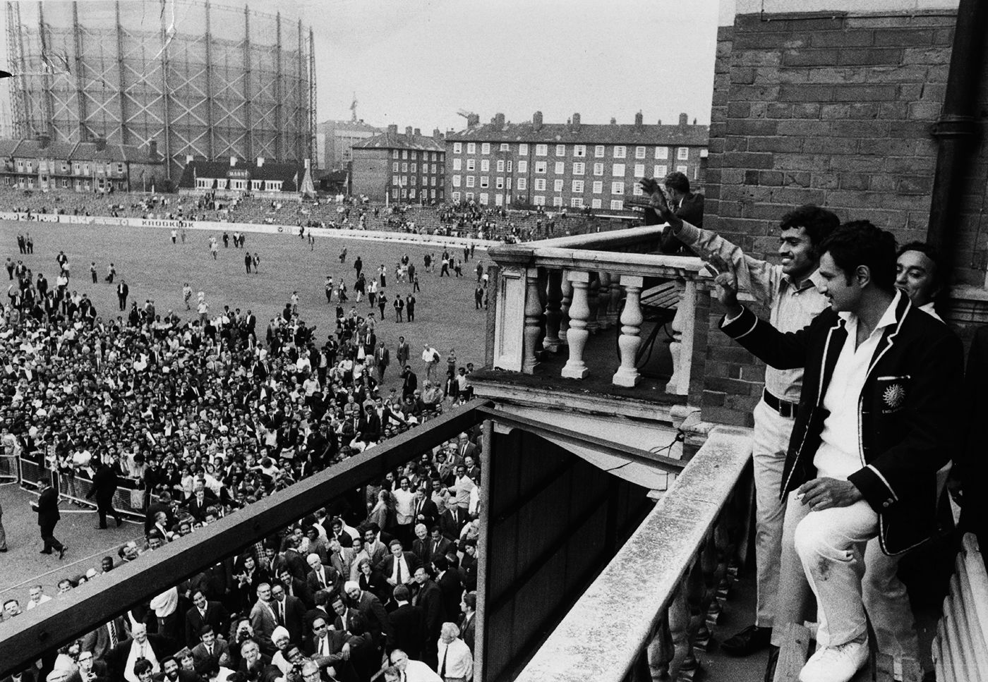 Ajit Wadekar and BS Chandrasekhar celebrate India's win