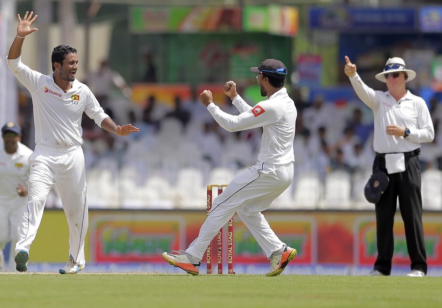Dimuth Karunaratne won an lbw appeal from Bruce Oxenford but it was overturned on review