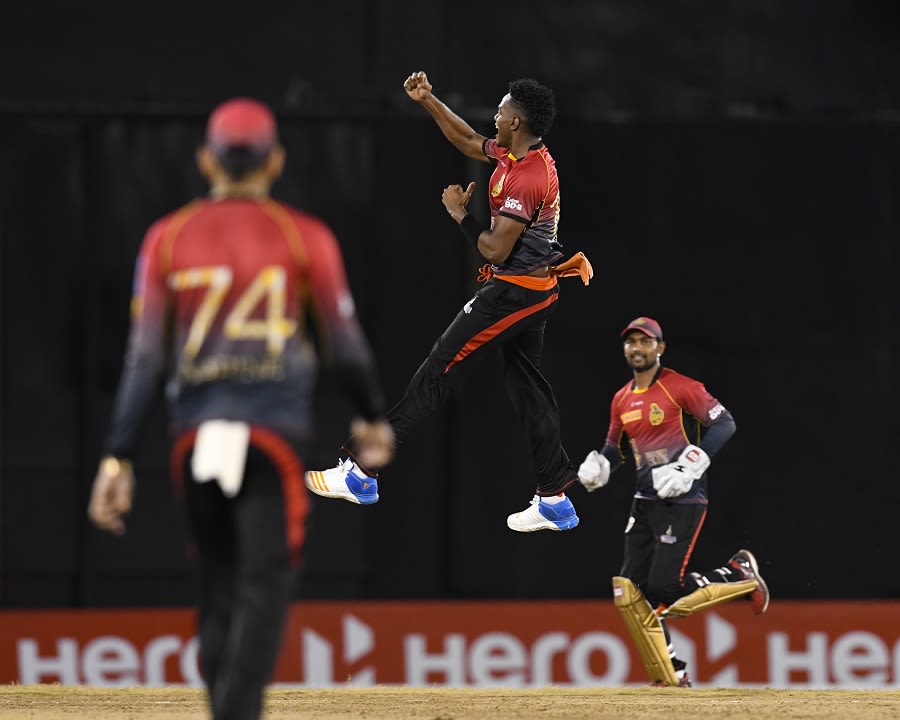 Ronsford Beaton leaps in joy after picking up a wicket