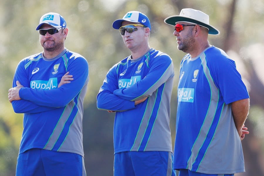 Ryan Harris, Brad Haddin and Darren Lehmann oversee the intra-squad match
