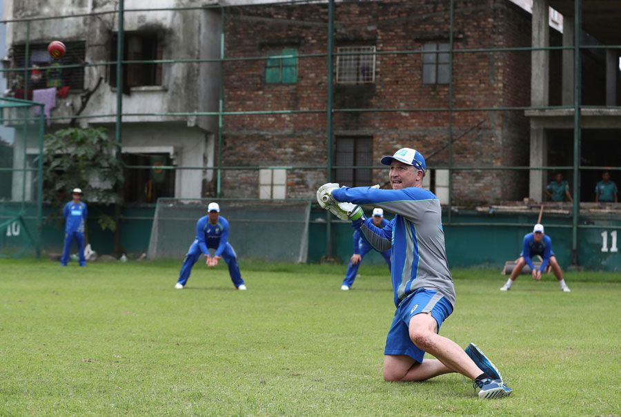 Fielding coach Brad Haddin puts Australia through slip fielding drills