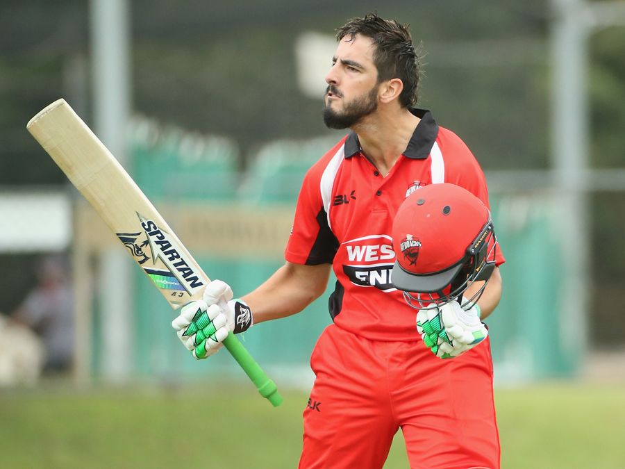 Cameron Valente exults after getting to his century off 138 balls while batting at No. 7