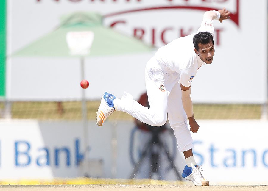 Shafiul Islam bends his back on an unresponsive pitch