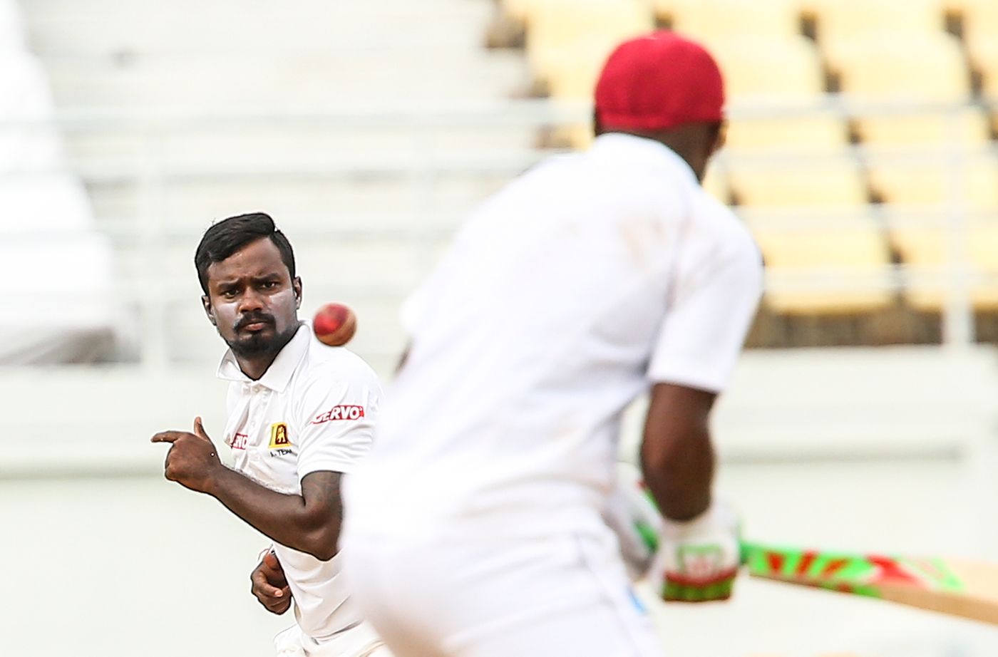 Malinda Pushpakumara bowls to Sunil Ambris