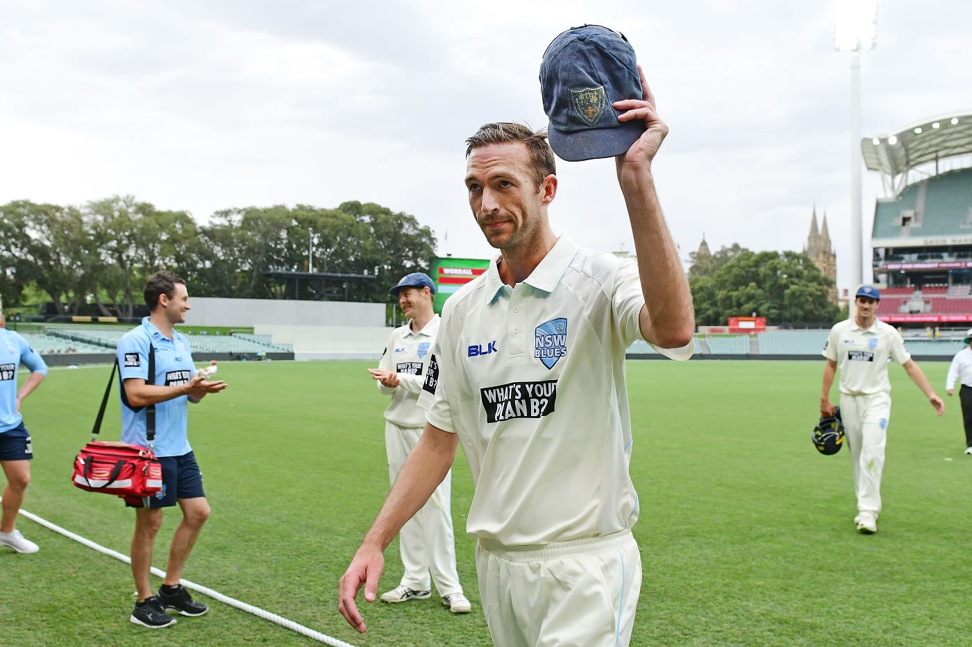 Trent Copeland acknowledges the crowd after earning his six-for