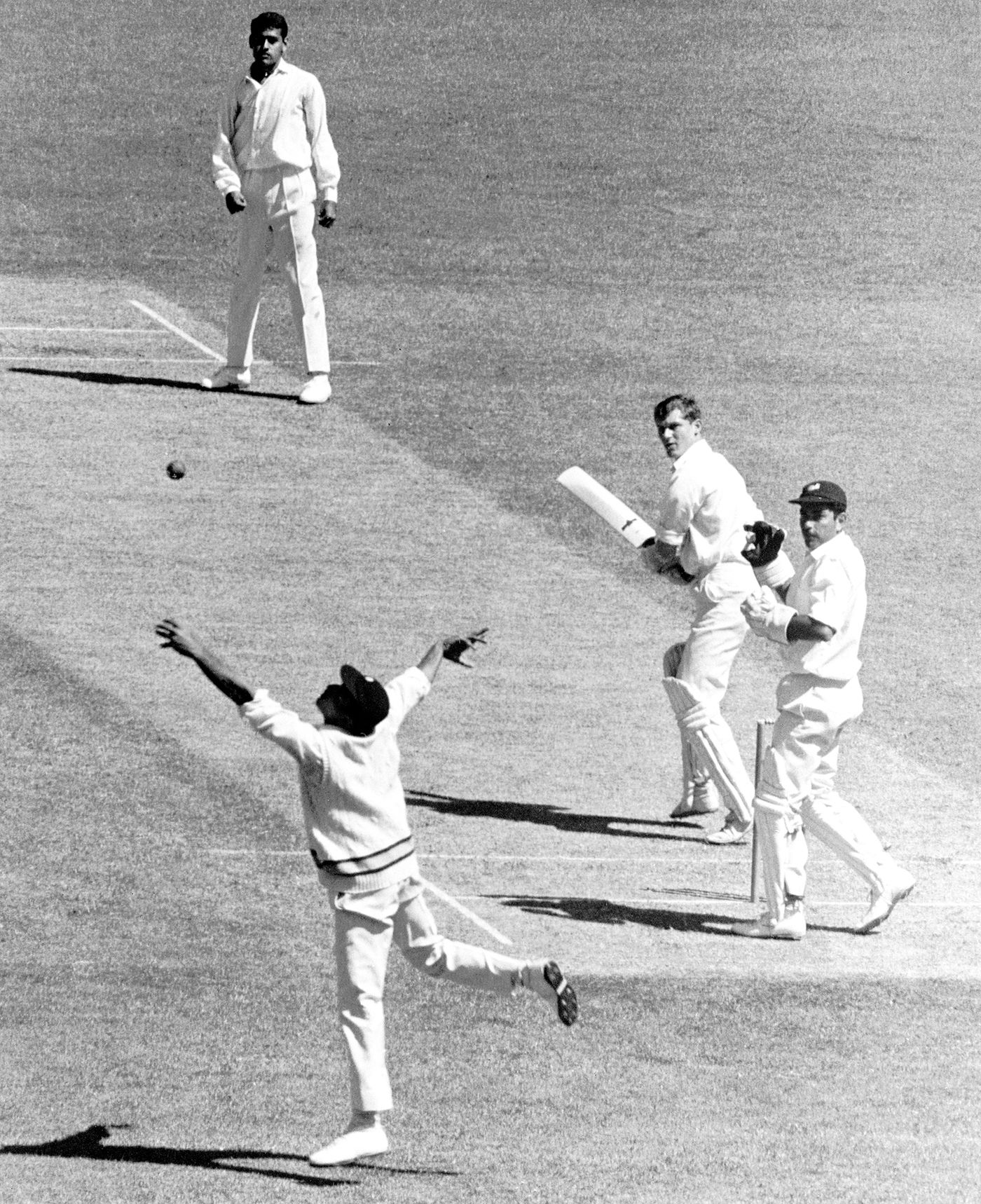 Bob Cowper edges a ball from Bhagwath Chandrasekhar over Chandu Borde's head