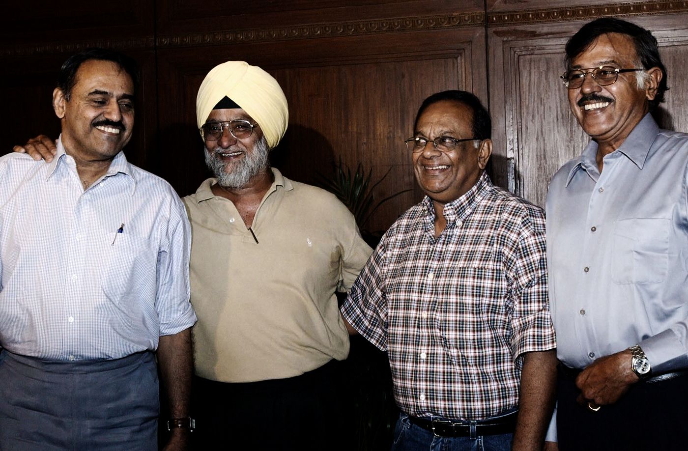 Bhagwath Chandrasekhar, Bishan Bedi, Erapalli Prasanna and Srinivas Venkataraghavan pose during a spinners' meet in Kolkata