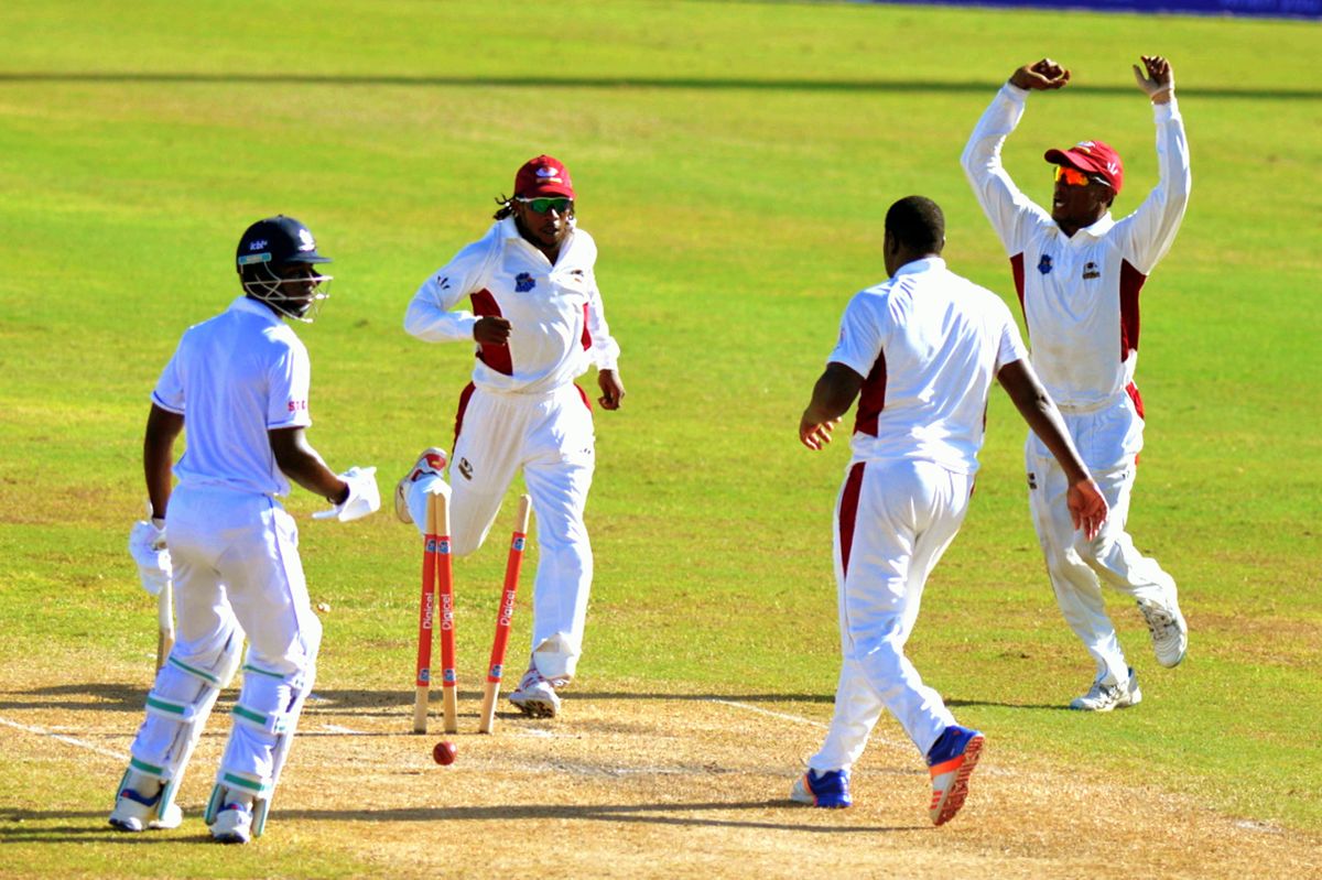 Leeward Islands' players celebrate as Sheyne Moseley is run out