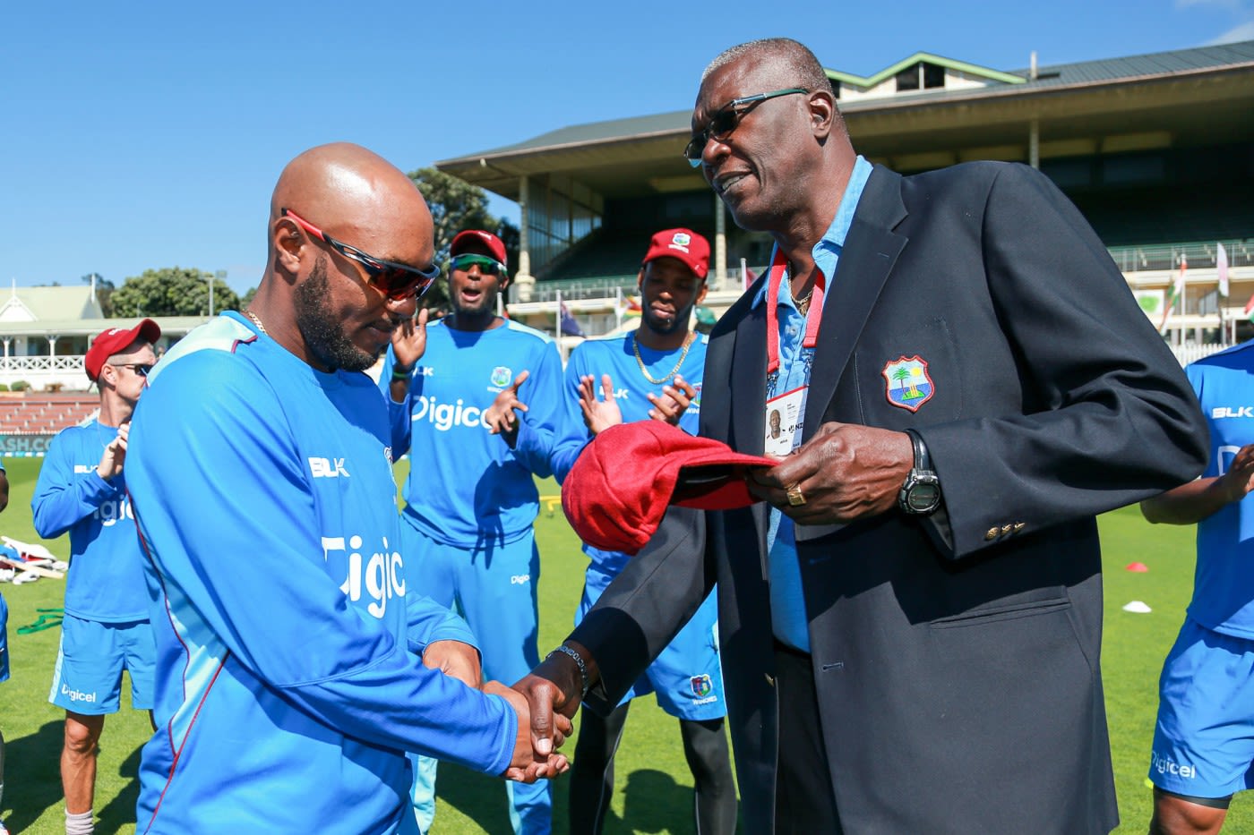 Joel Garner presents Sunil Ambris with his Test cap