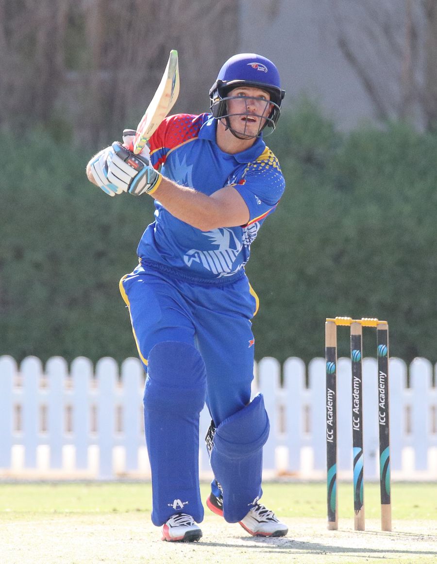 Louis van der Westhuizen strikes a pose after driving a six over mid-off