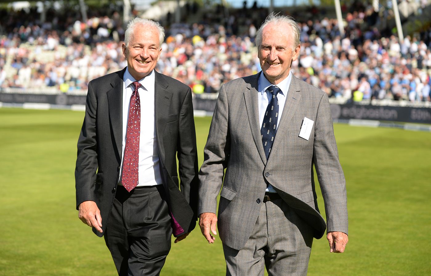 David Gower and Ted Dexter take a lap around the ground as part of the celebrations to mark Edgbaston's 50th Test in August 2017