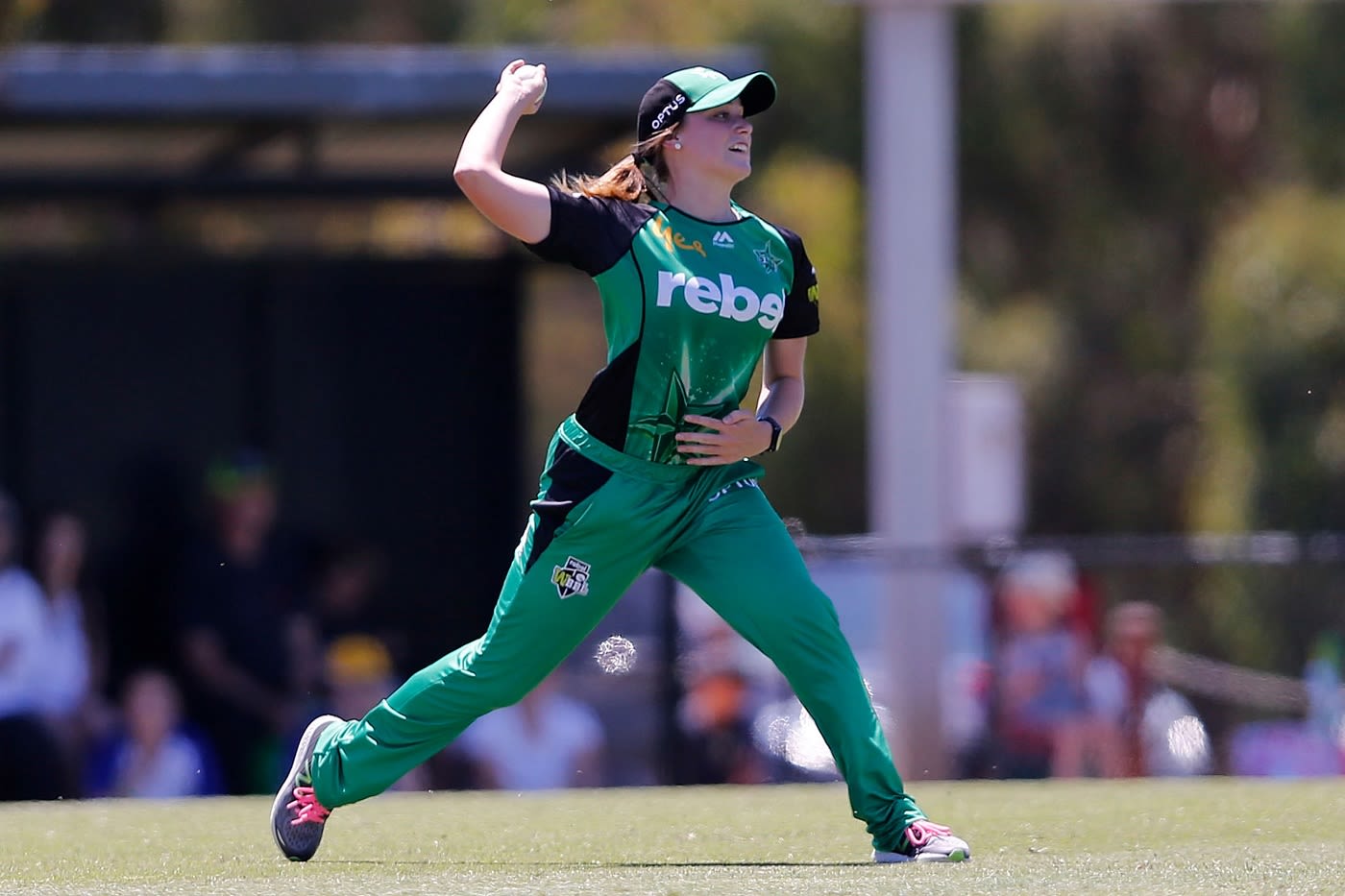 Nicole Faltum takes aim at the stumps