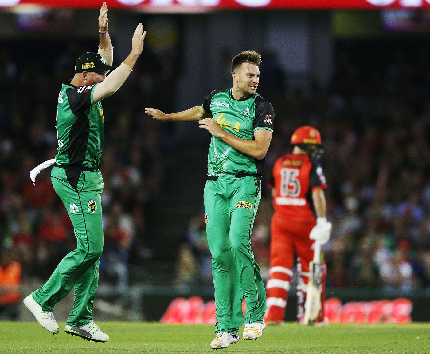 Jackson Coleman screams in delight after taking a wicket