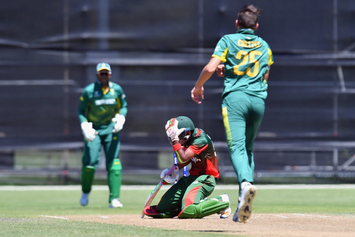 Aman Gandhi is struck on the helmet by Gerald Coetzee