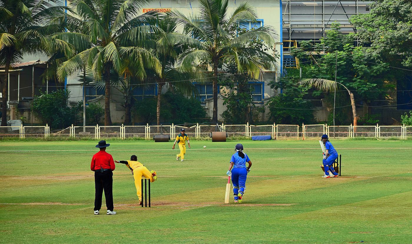 Anuja Patil bowls to Jemimah Rodrigues during the Maharashtra derby unfolding at the Bandra Kurla Complex