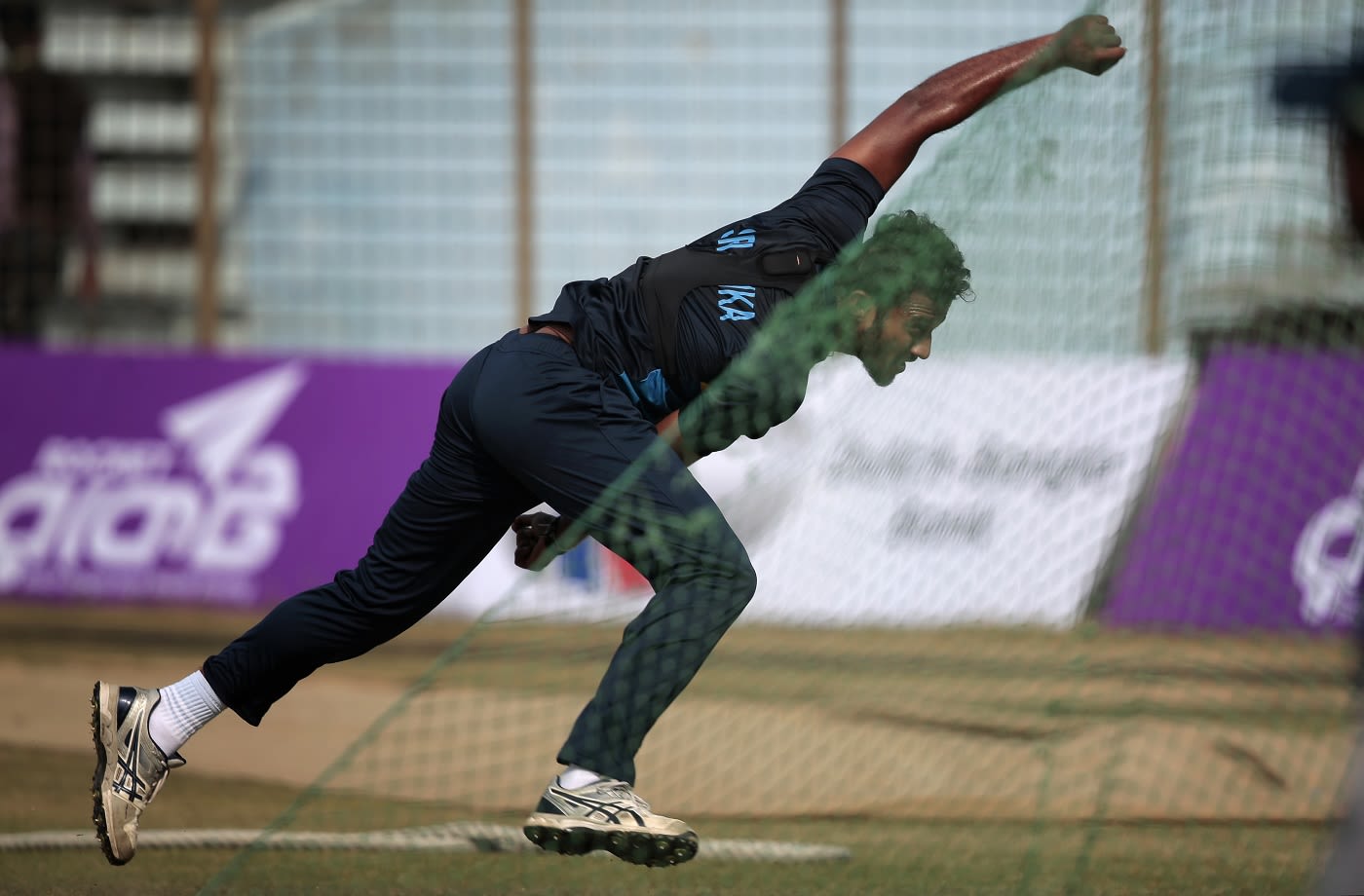 Shehan Madushanka bowls in the nets