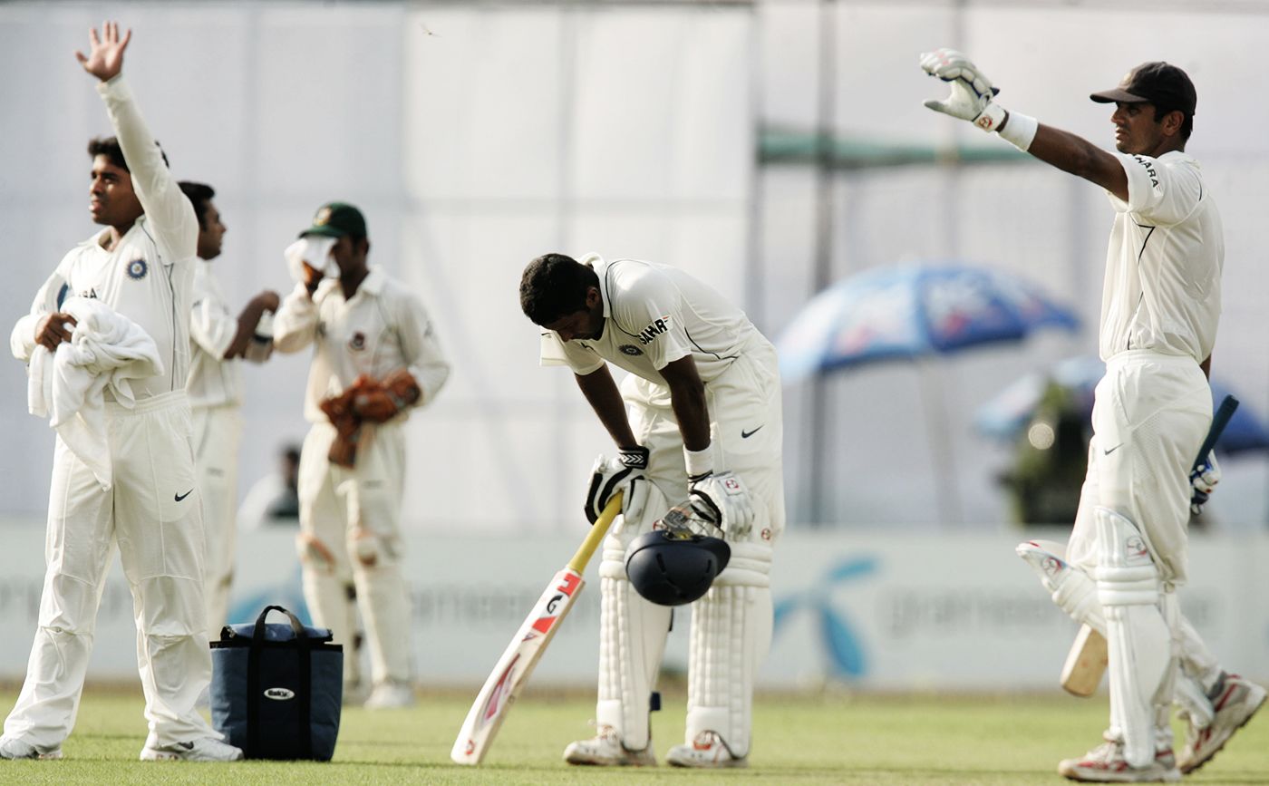 Wasim Jaffer, one of four centurions in India's innings in the 2007 Mirpur Test, struggles with dehydration while batting