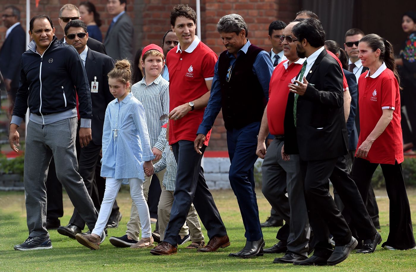 Canadian Prime Minister Justin Trudeau join former India captains Mohammad Azharuddin and Kapil Dev at an event